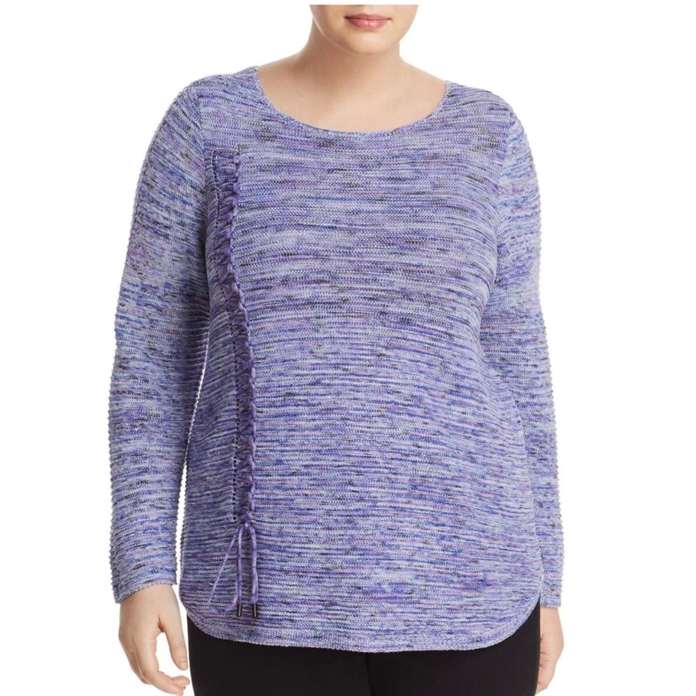 NIC+ZOE Sweater Womens 1X Blue Purple Space Dye Lace Up Linen Blend Loose Knit
